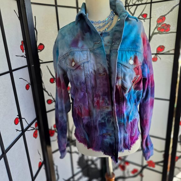 Hand Dyed Topshop Jacket S — Ice-Dye Pastel Vibes, Frayed Hem, 4 Pockets, Relaxe - Picture 3 of 8